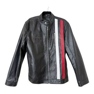 Tag Heuer Men’s Black Red White Stripe Rider Moto Racing Leather Jacket Size XL